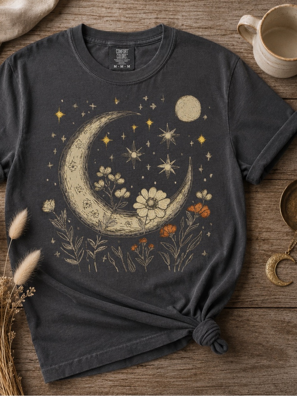 Boho Moon Phase Comfort Colors Tee Celestial Wildflower Graphic Shirt